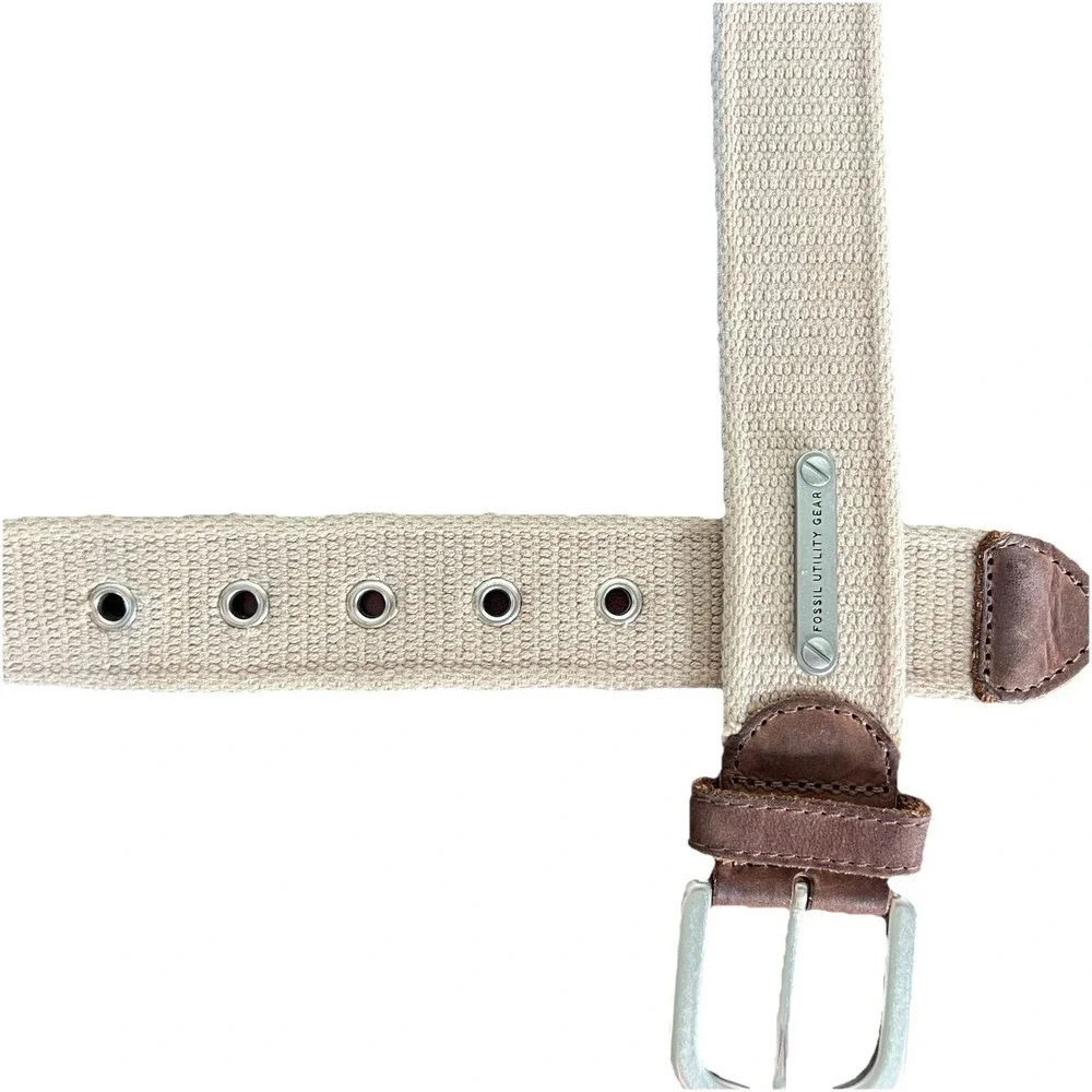 Fossil Utility Gear Mens Khaki Canvas Webbing Leather Belt Size 40 MB4064250